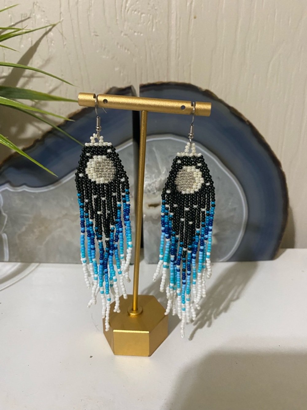 Handmade Black, Blue & White Beaded Fringe Earrings
